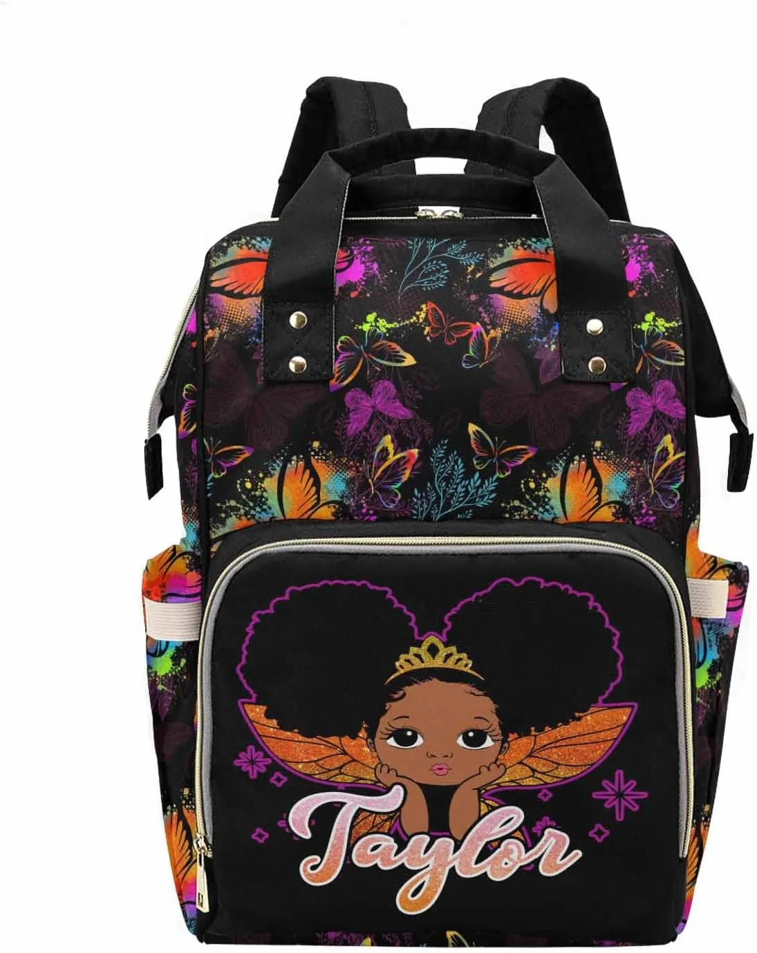 M YESCUSTOM Personalized Name Diaper Bag Custom Colorful Butterfly and Black Women Mommy Nursing Bag for Women/Men Customized Large Capacity for Travel Mother's Day Gift