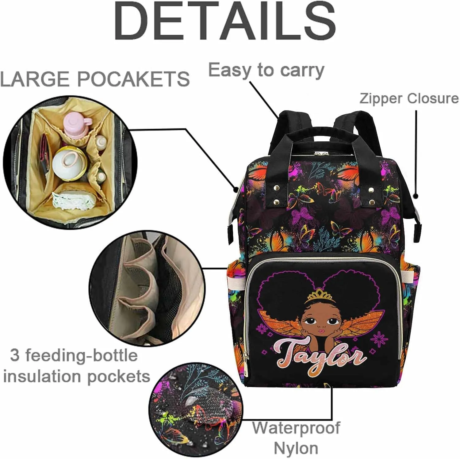 M YESCUSTOM Personalized Name Diaper Bag Custom Colorful Butterfly and Black Women Mommy Nursing Bag for Women/Men Customized Large Capacity for Travel Mother's Day Gift