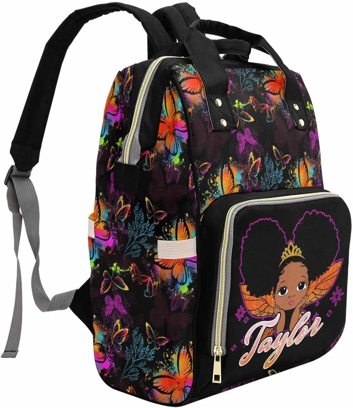 M YESCUSTOM Personalized Name Diaper Bag Custom Colorful Butterfly and Black Women Mommy Nursing Bag for Women/Men Customized Large Capacity for Travel Mother's Day Gift