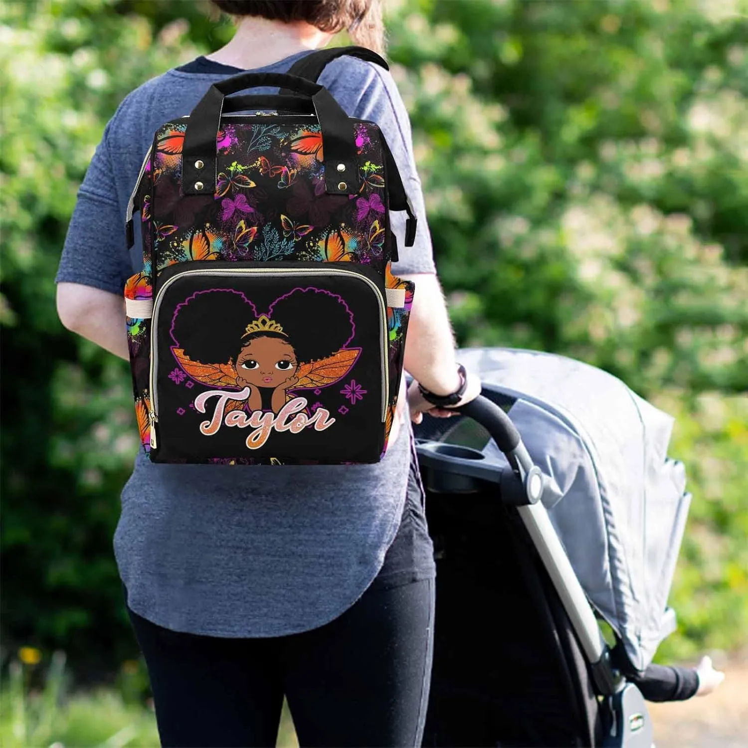 M YESCUSTOM Personalized Name Diaper Bag Custom Colorful Butterfly and Black Women Mommy Nursing Bag for Women/Men Customized Large Capacity for Travel Mother's Day Gift