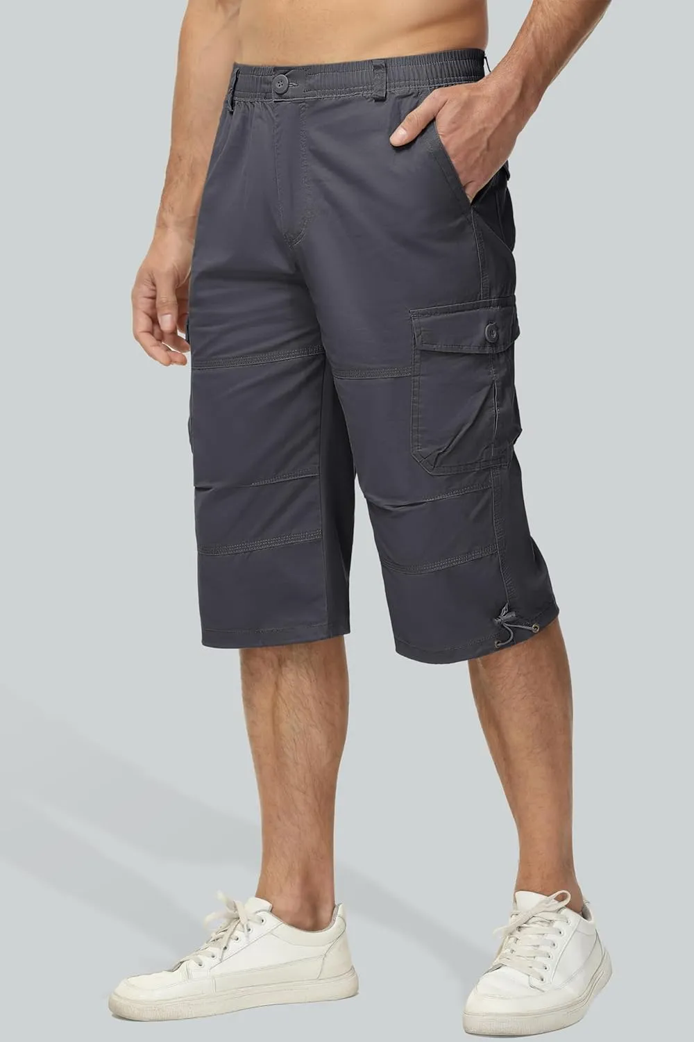 MAGCOMSEN Mens Cargo Shorts Long Capri Elastic Below The Knee 3/4 Cotton Casual Summer Shorts with Pockets