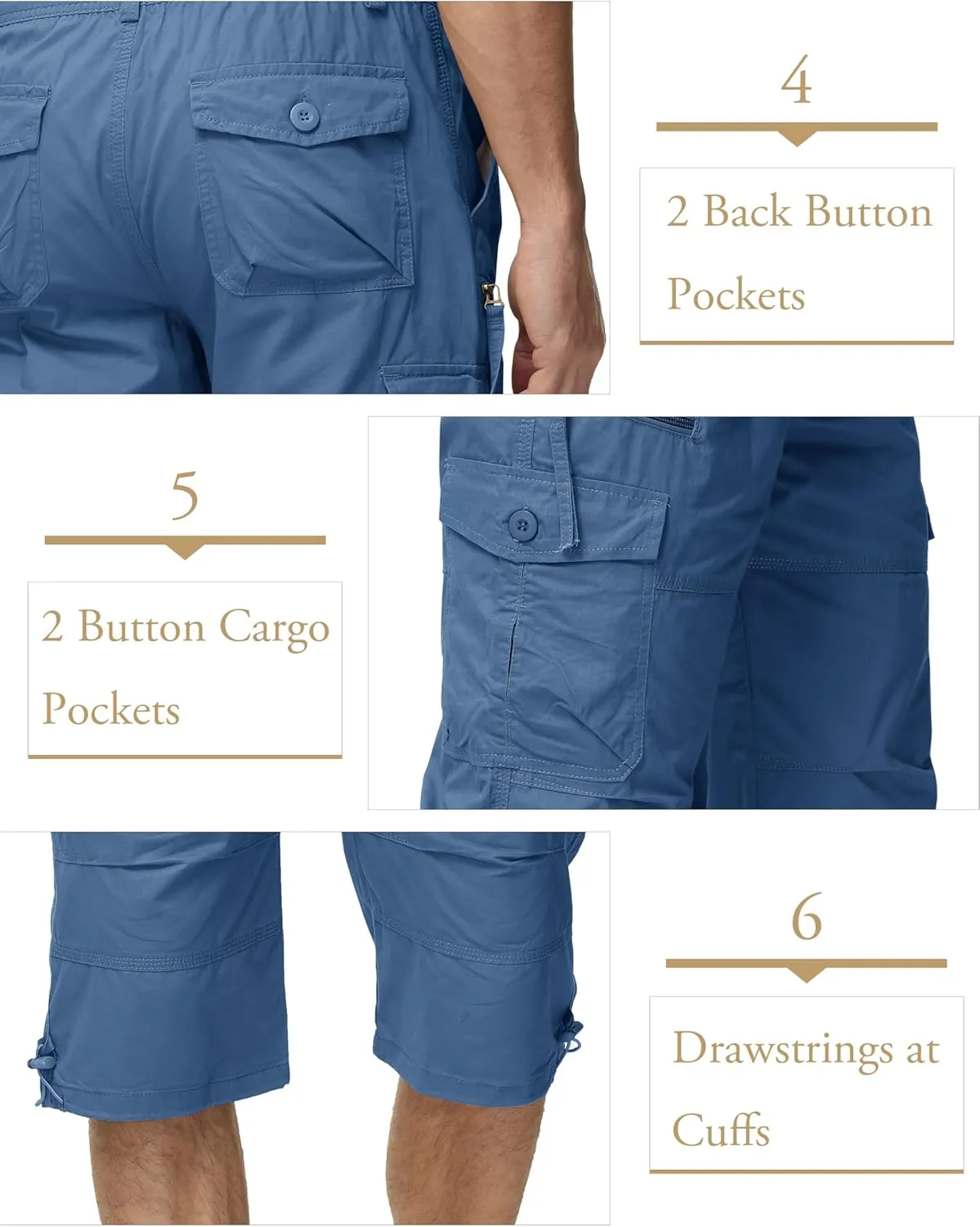 MAGCOMSEN Mens Cargo Shorts Long Capri Elastic Below The Knee 3/4 Cotton Casual Summer Shorts with Pockets