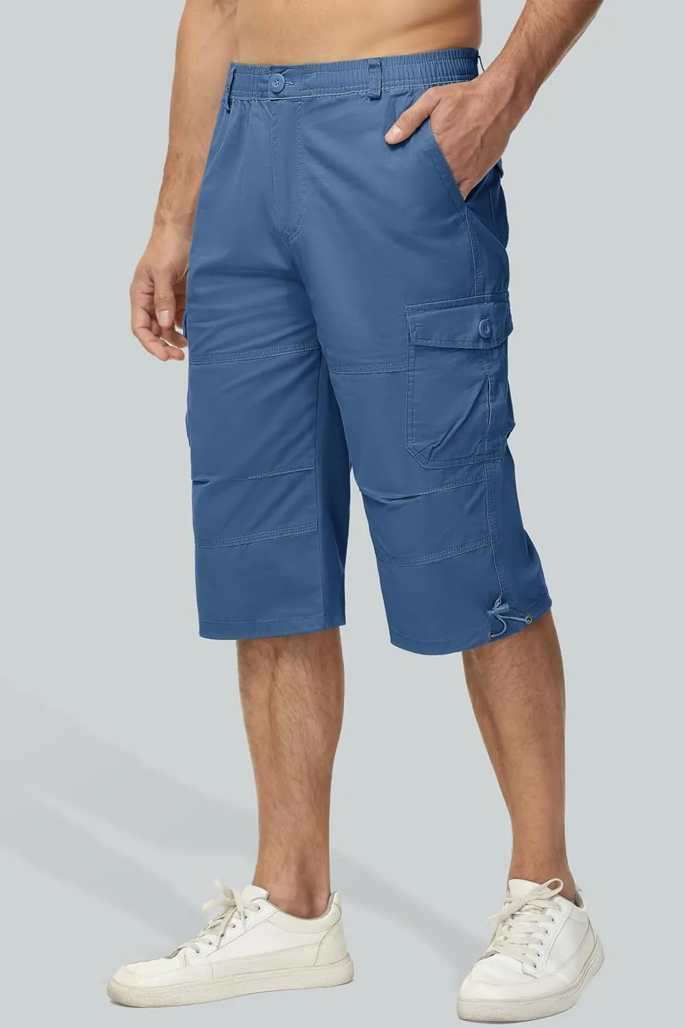 MAGCOMSEN Mens Cargo Shorts Long Capri Elastic Below The Knee 3/4 Cotton Casual Summer Shorts with Pockets