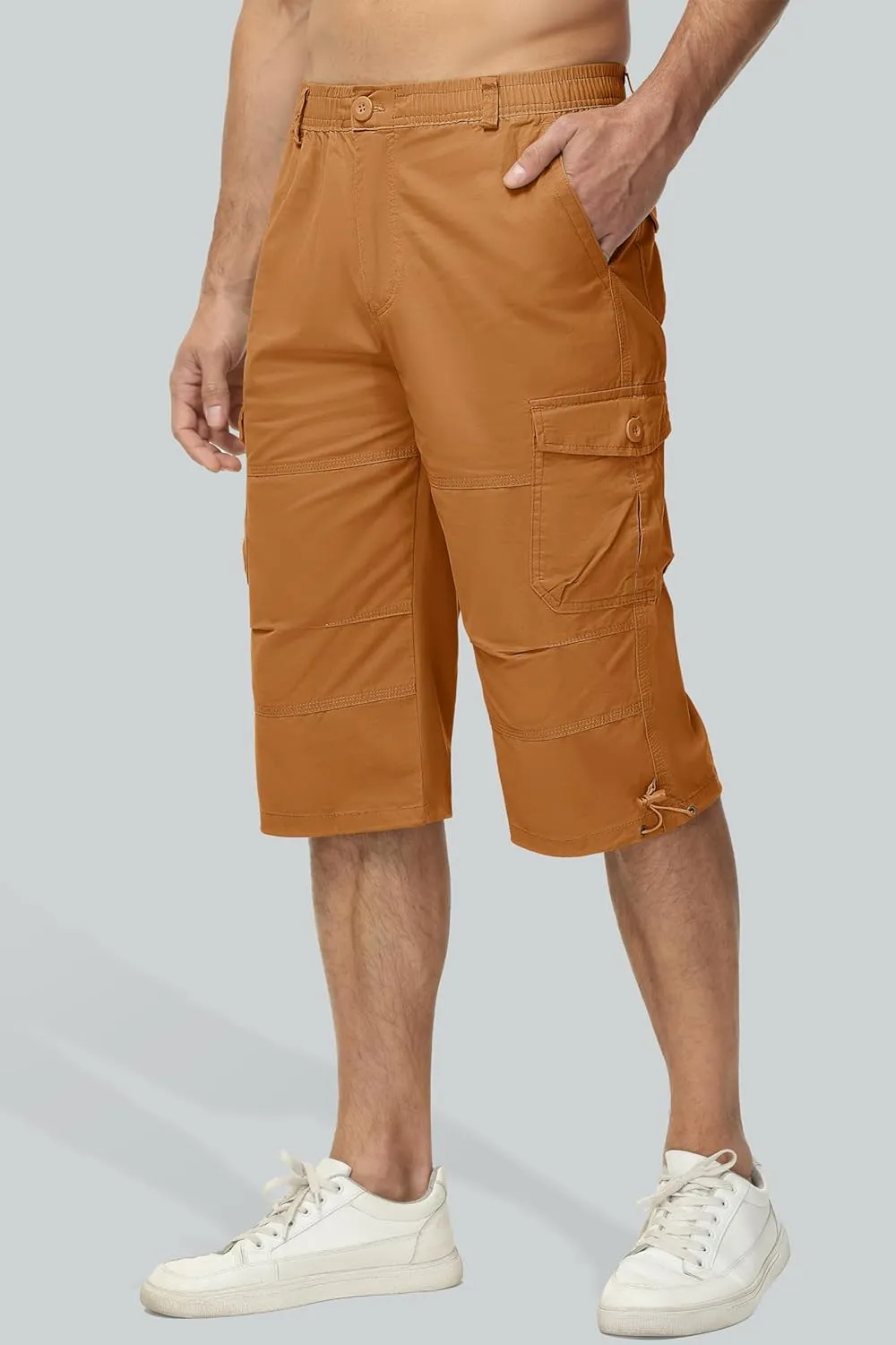MAGCOMSEN Mens Cargo Shorts Long Capri Elastic Below The Knee 3/4 Cotton Casual Summer Shorts with Pockets