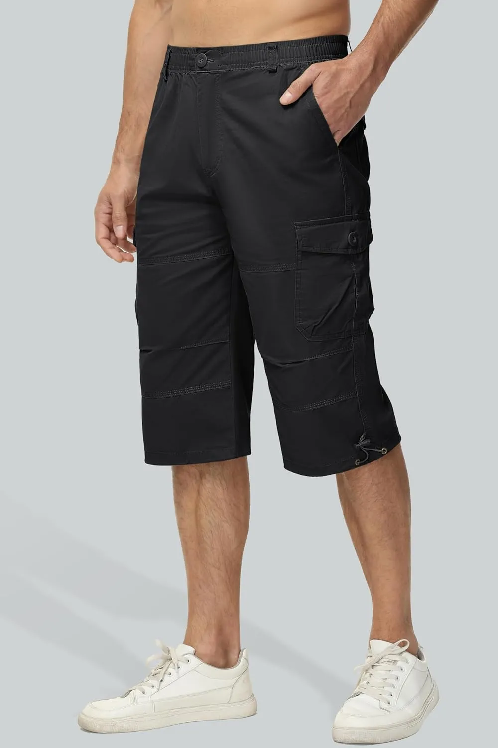 MAGCOMSEN Mens Cargo Shorts Long Capri Elastic Below The Knee 3/4 Cotton Casual Summer Shorts with Pockets