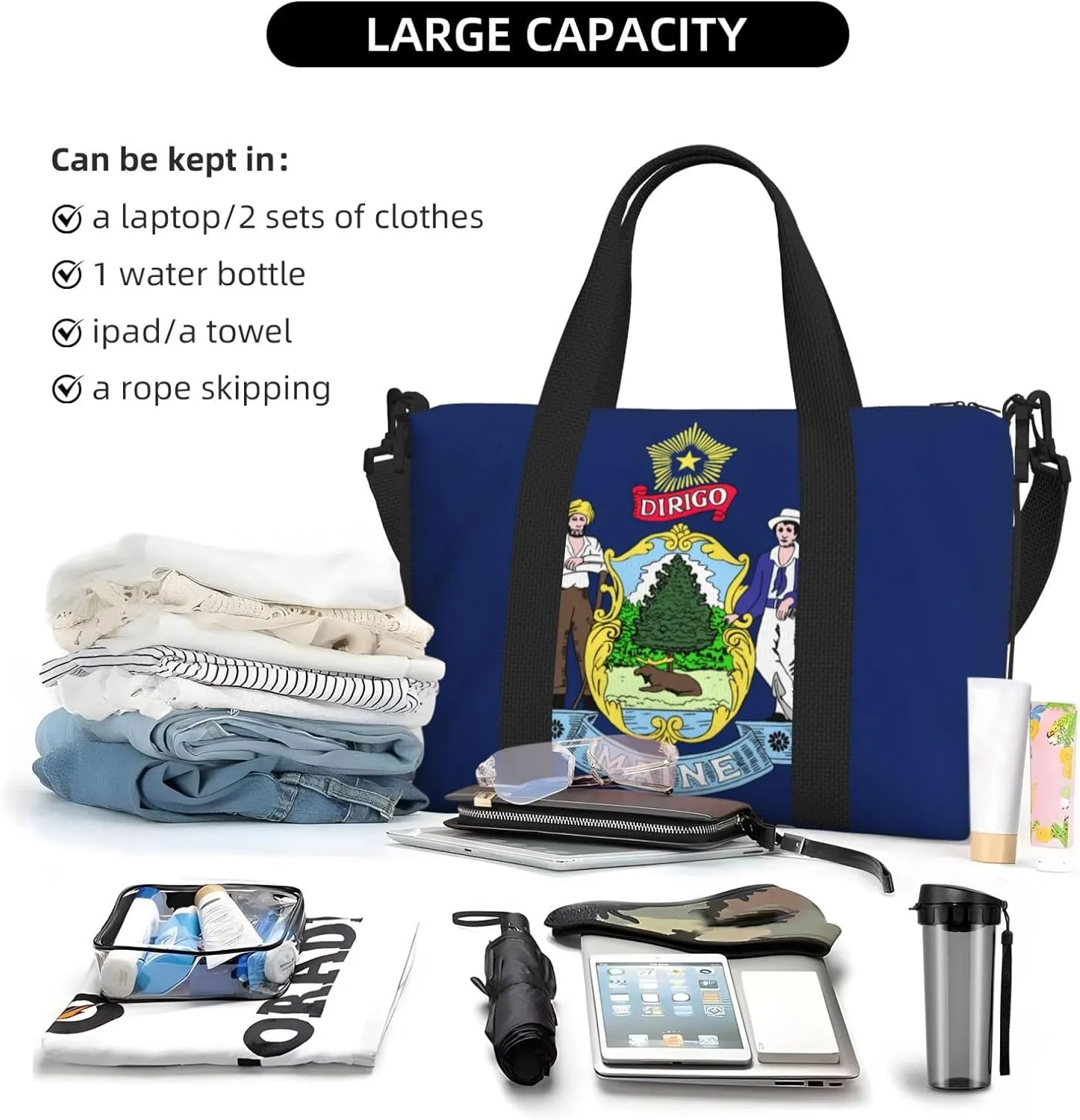 Maine State Flag Travel Duffel Bag Carry On Tote Bags For Men,Weekender Overnight Bag,Sports Tote Gym Bag