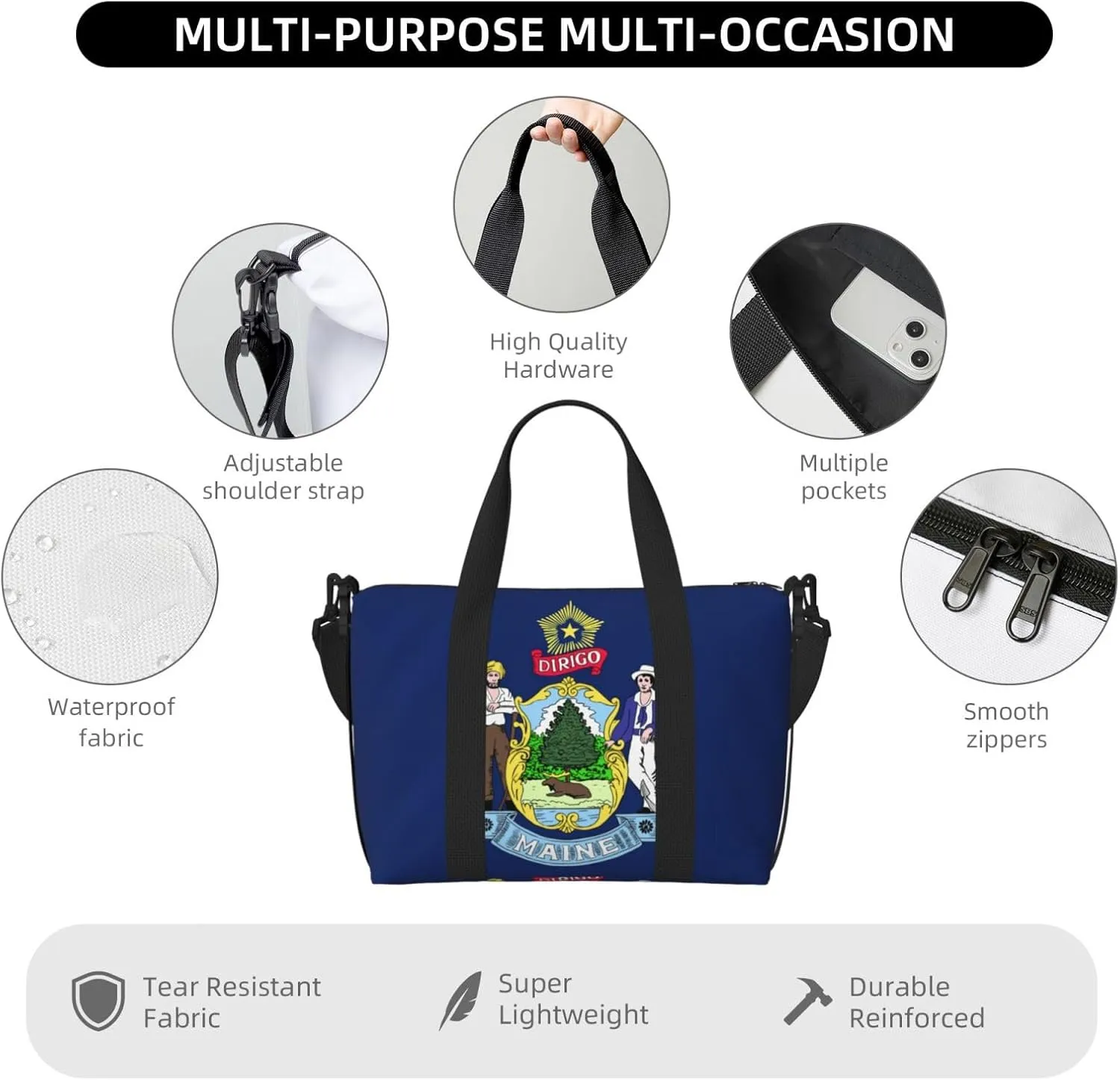 Maine State Flag Travel Duffel Bag Carry On Tote Bags For Men,Weekender Overnight Bag,Sports Tote Gym Bag