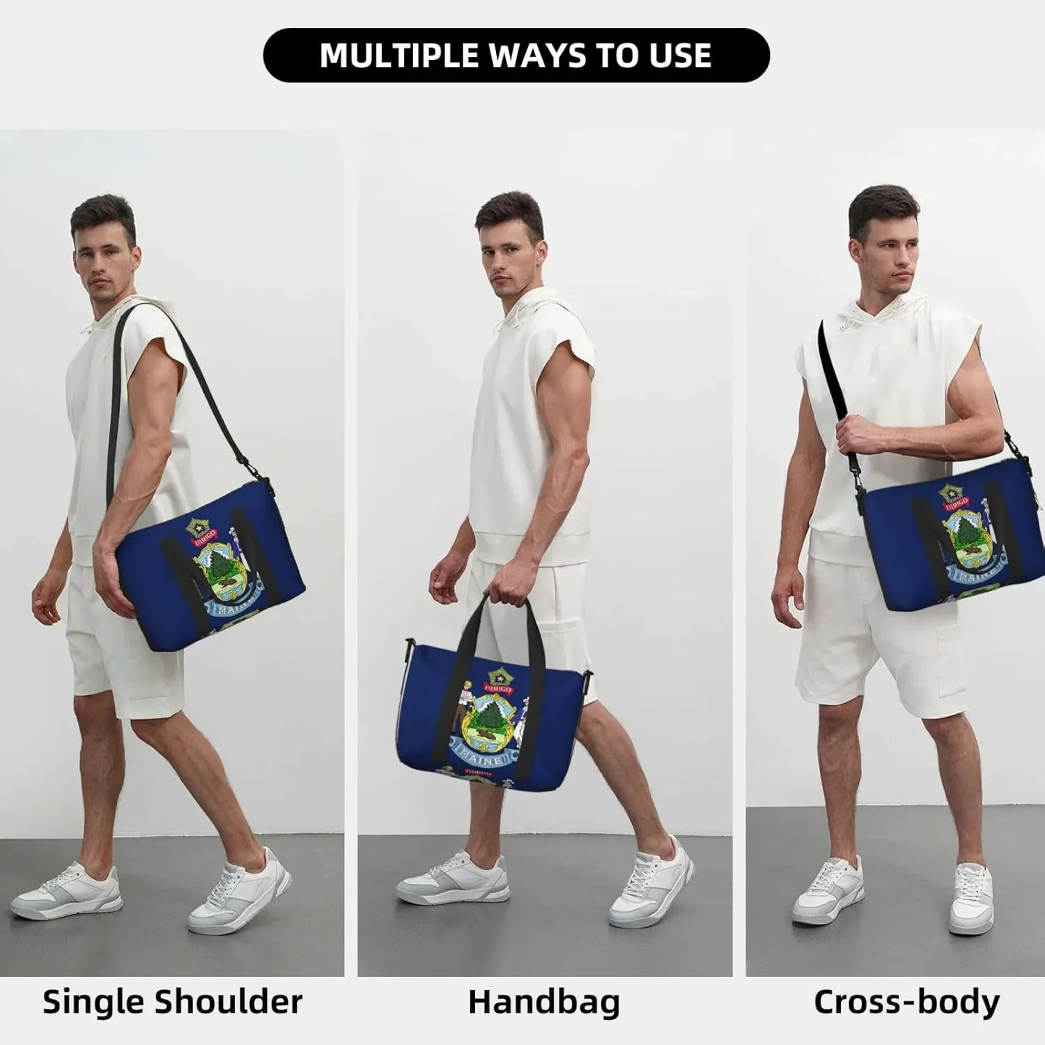Maine State Flag Travel Duffel Bag Carry On Tote Bags For Men,Weekender Overnight Bag,Sports Tote Gym Bag