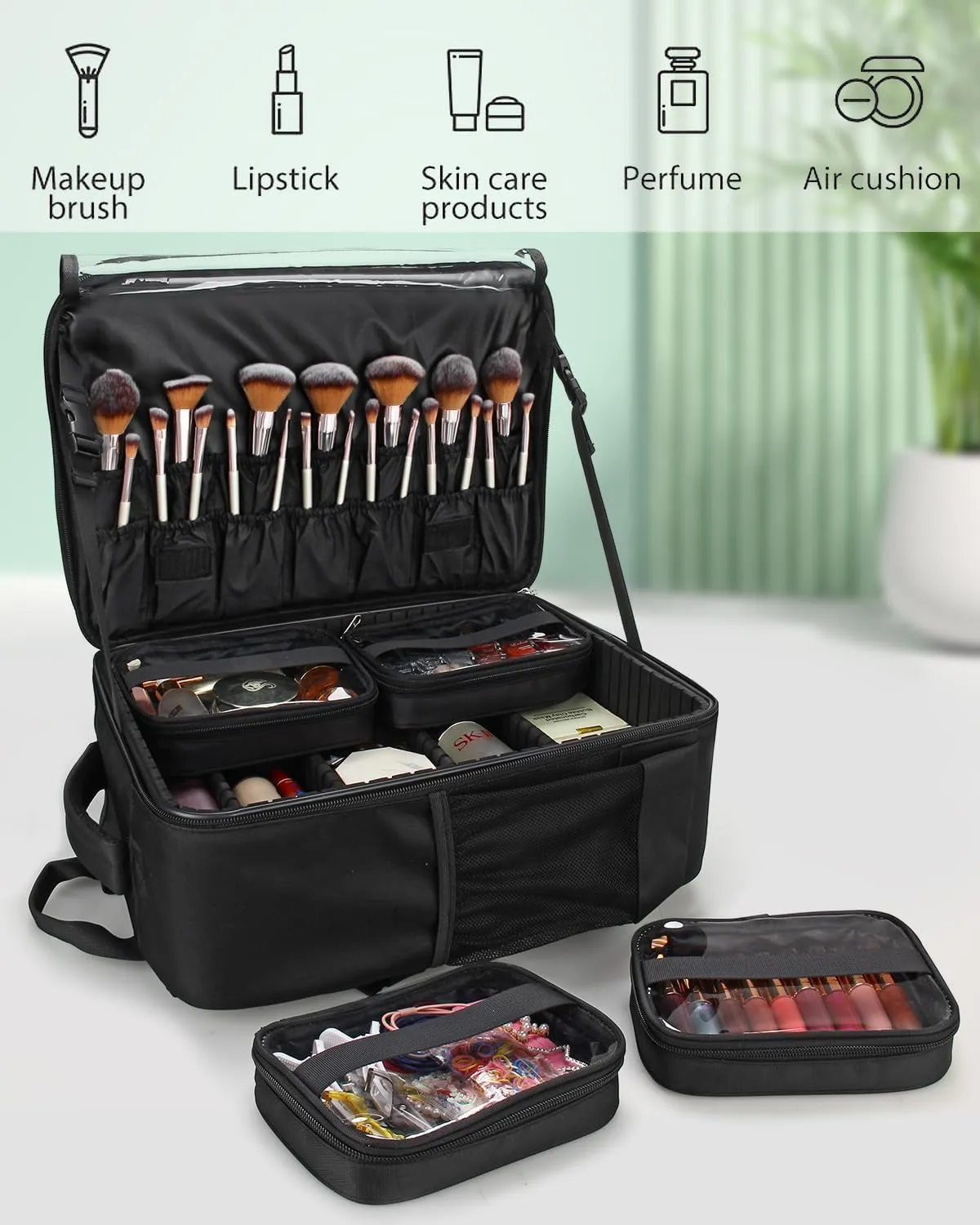 Makeup Backpack Makeup Artist Bag Professional Extra Large Cosmetic Bag Travel Train Case Storage Organizer Double-Layer Large Capacity Cosmetic Case with 4 Pouch(Black)