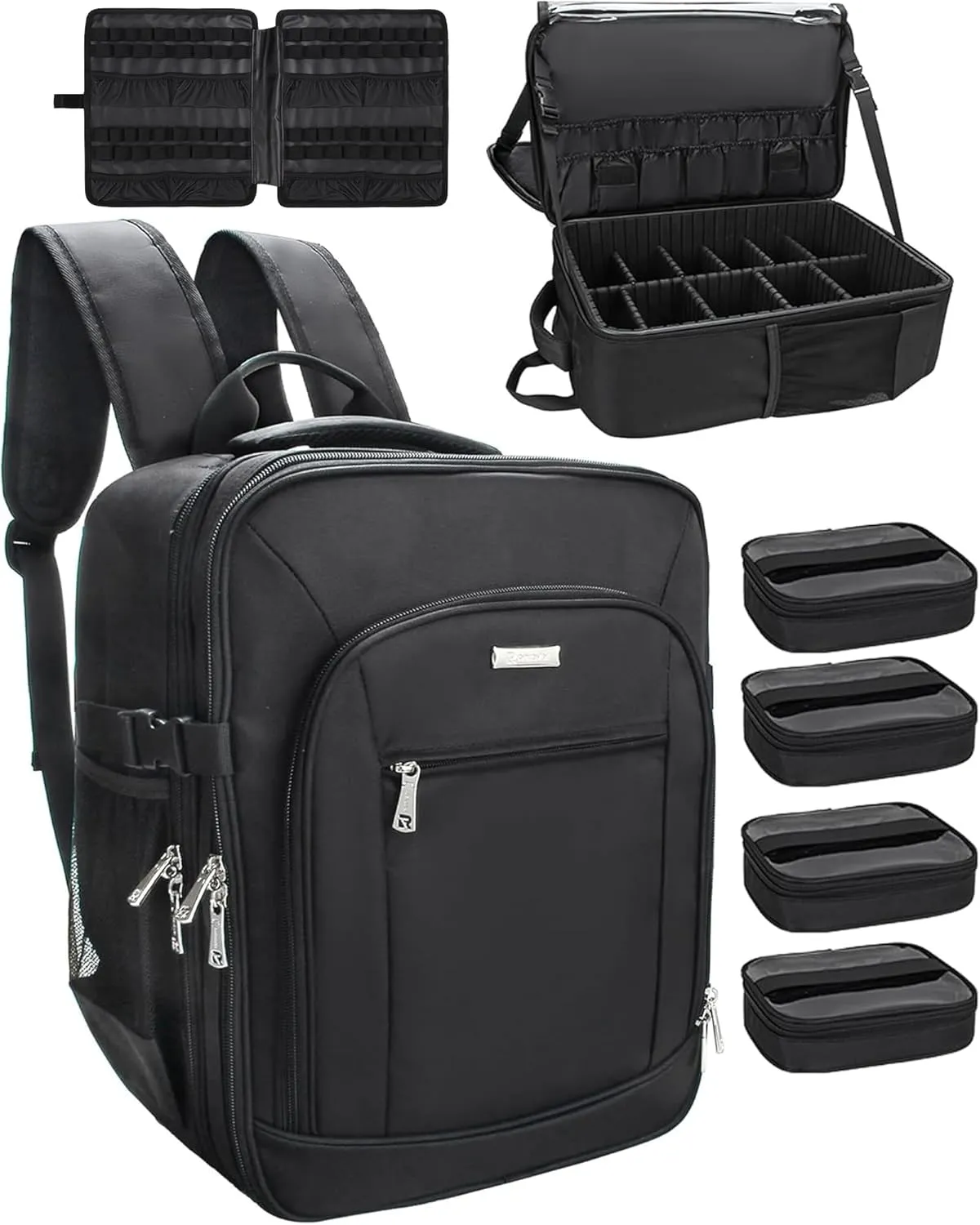 Makeup Backpack Makeup Artist Bag Professional Extra Large Cosmetic Bag Travel Train Case Storage Organizer Double-Layer Large Capacity Cosmetic Case with 4 Pouch(Black)