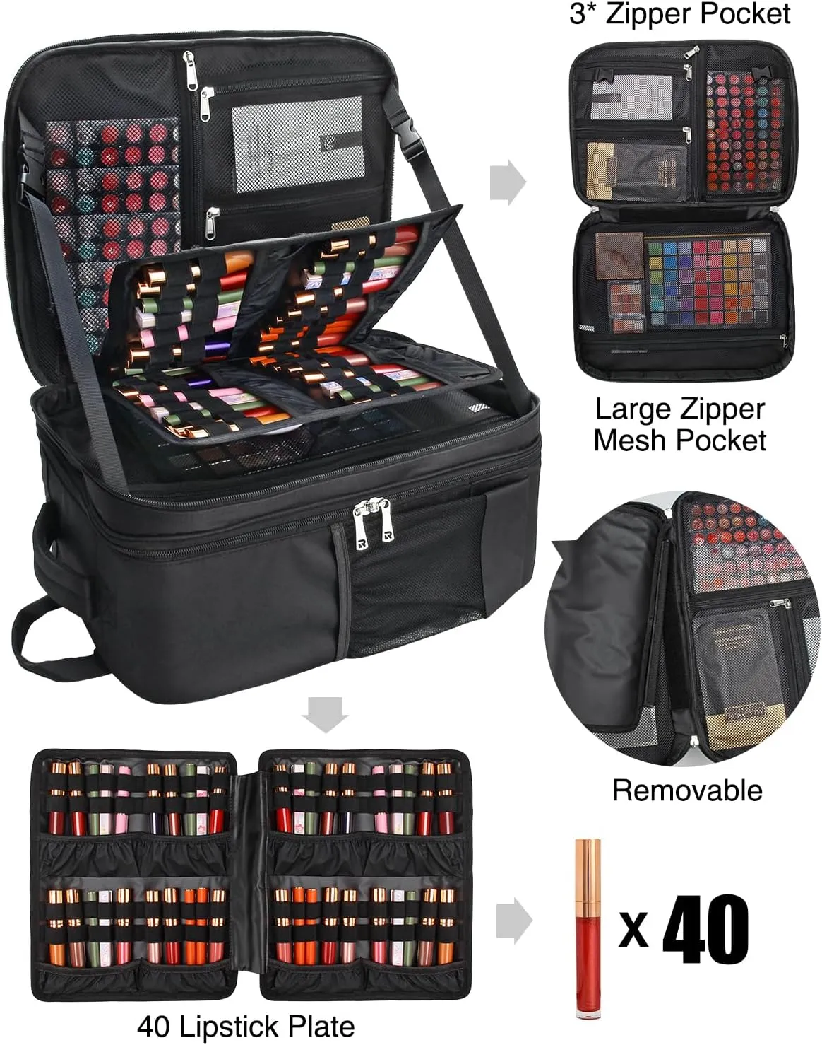 Makeup Backpack Makeup Artist Bag Professional Extra Large Cosmetic Bag Travel Train Case Storage Organizer Double-Layer Large Capacity Cosmetic Case with 4 Pouch(Black)