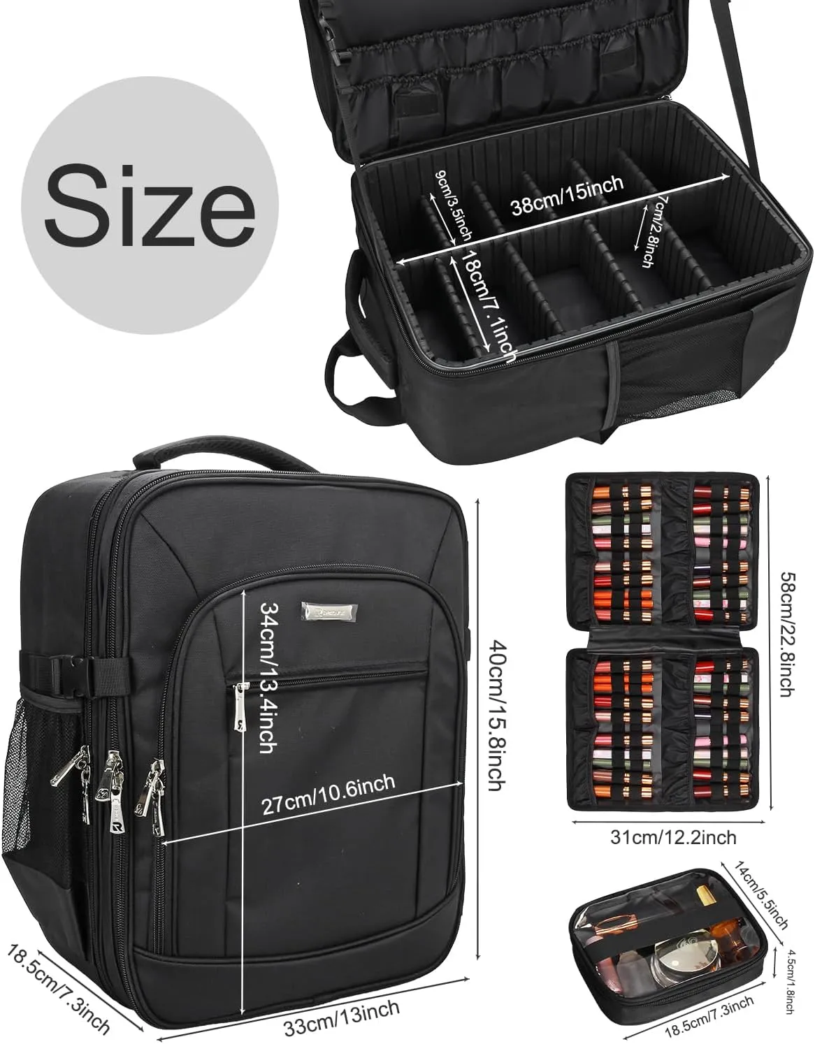 Makeup Backpack Makeup Artist Bag Professional Extra Large Cosmetic Bag Travel Train Case Storage Organizer Double-Layer Large Capacity Cosmetic Case with 4 Pouch(Black)
