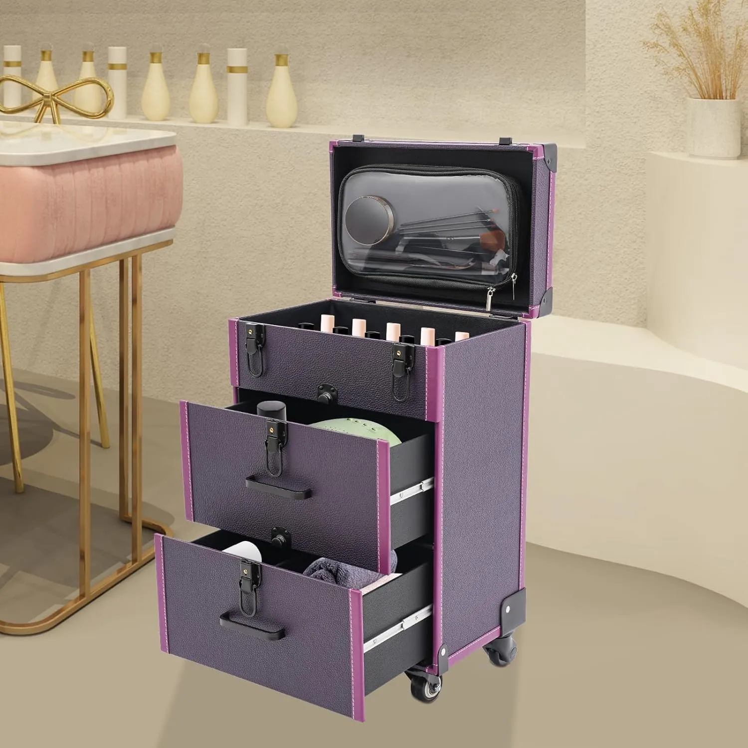 Makeup Rolling Train Case Aluminum Large Storage Cosmetic Trolley Professional Manicure Tool kit Salon Barber Case Travel Cart Trunk with lock for Studio Nail Artists (Black Clasp Purple)