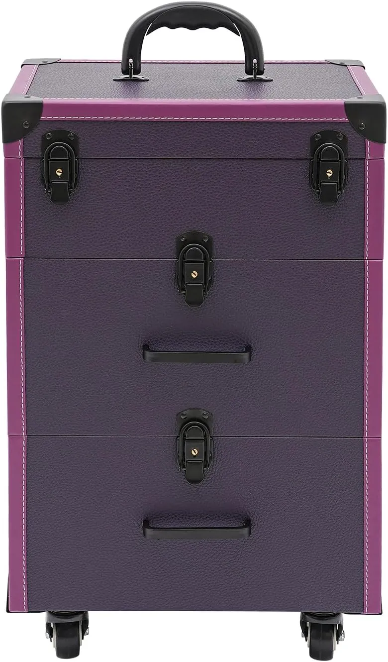 Makeup Rolling Train Case Aluminum Large Storage Cosmetic Trolley Professional Manicure Tool kit Salon Barber Case Travel Cart Trunk with lock for Studio Nail Artists (Black Clasp Purple)