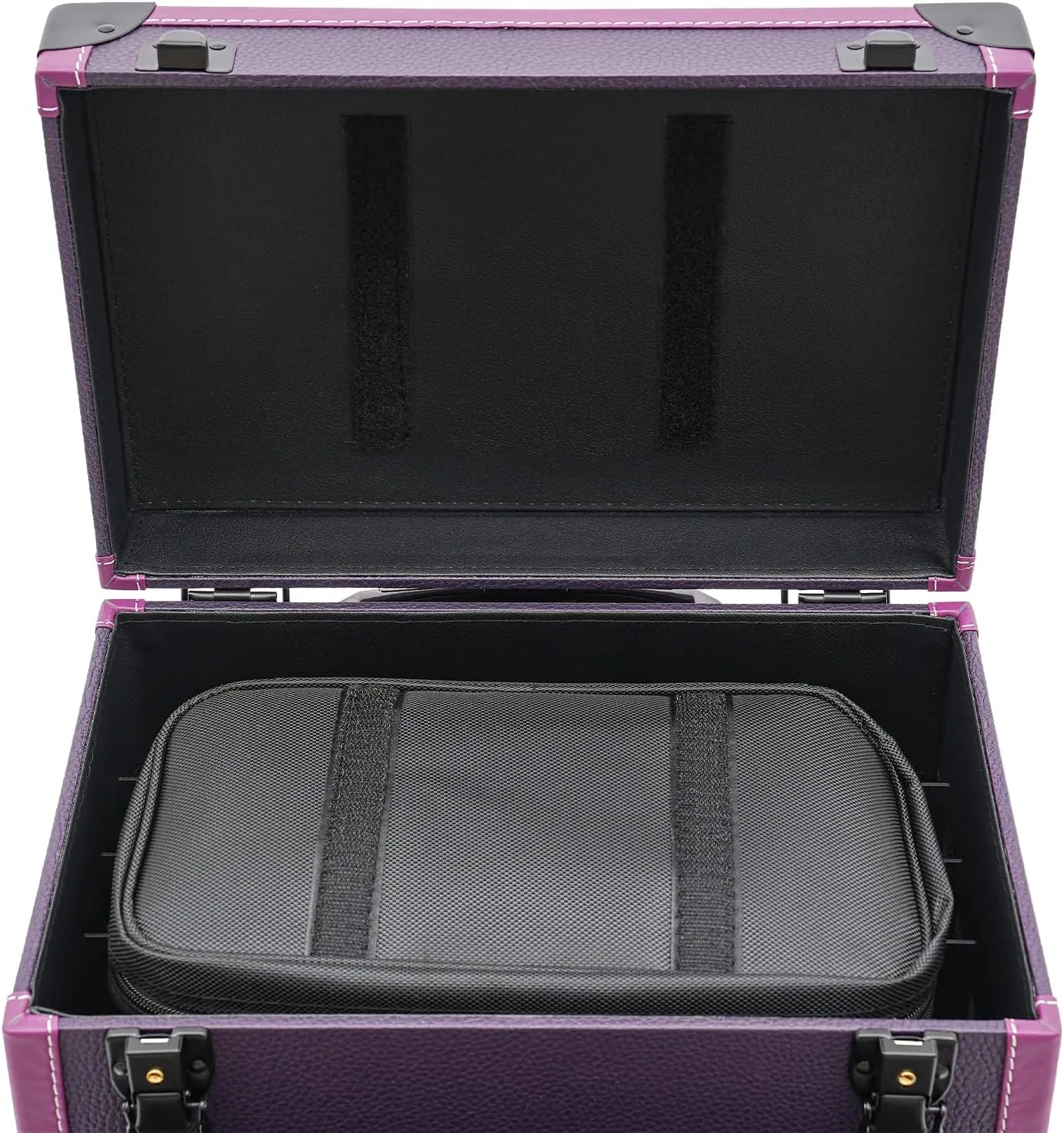 Makeup Rolling Train Case Aluminum Large Storage Cosmetic Trolley Professional Manicure Tool kit Salon Barber Case Travel Cart Trunk with lock for Studio Nail Artists (Black Clasp Purple)