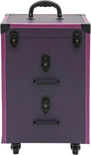 Makeup Rolling Train Case Aluminum Large Storage Cosmetic Trolley Professional Manicure Tool kit Salon Barber Case Travel Cart Trunk with lock for Studio Nail Artists (Black Clasp Purple)