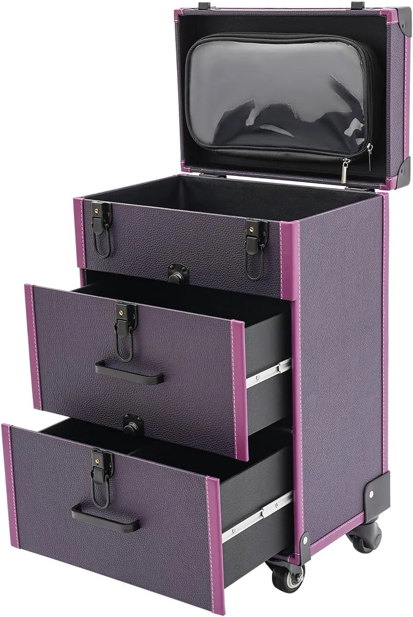 Makeup Rolling Train Case Aluminum Large Storage Cosmetic Trolley Professional Manicure Tool kit Salon Barber Case Travel Cart Trunk with lock for Studio Nail Artists (Black Clasp Purple)