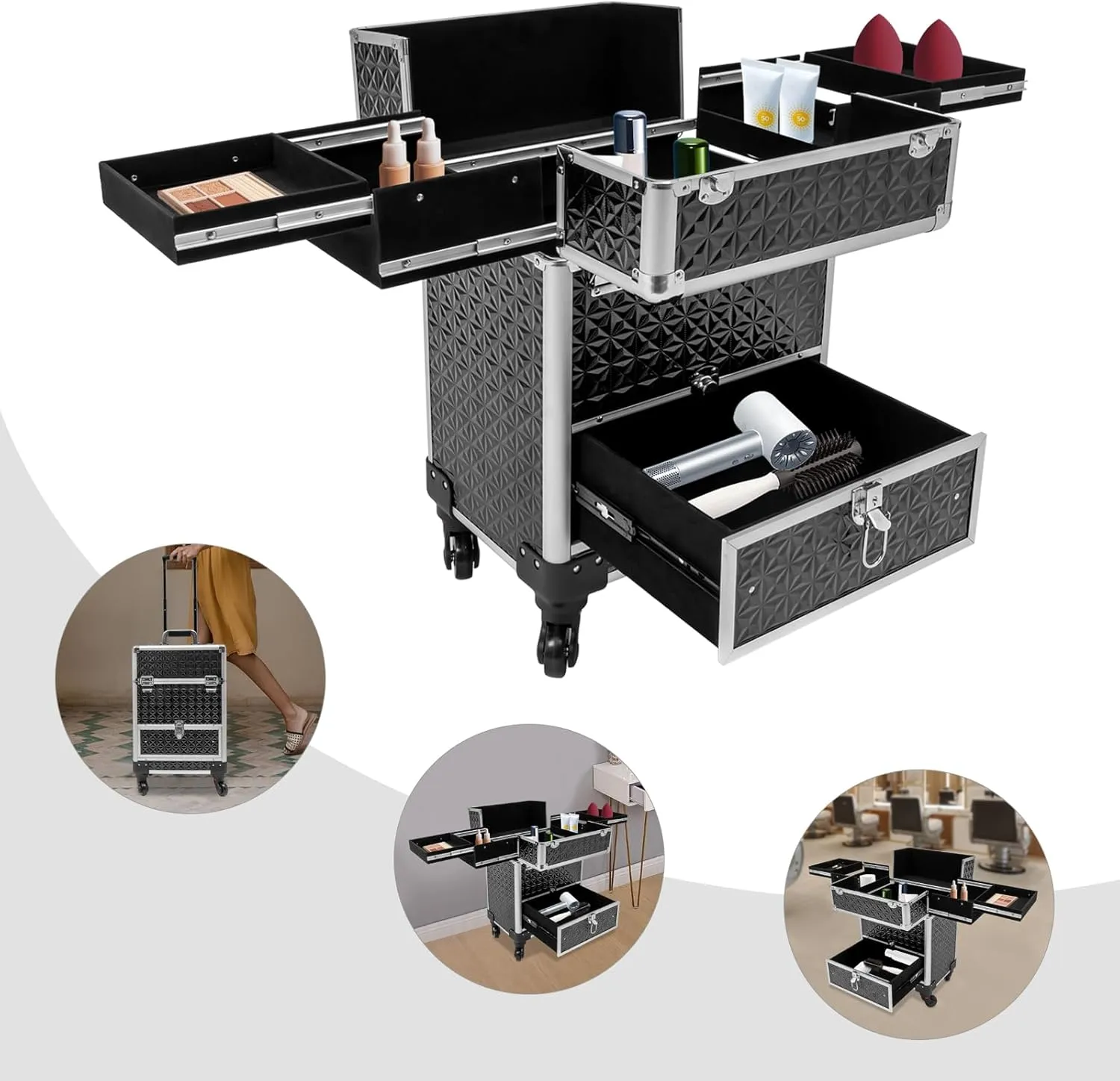 Makeup Rolling Train Case Aluminum Large Storage Cosmetic Trolley Professional Manicure Tool kit Salon Barber Case Travel Cart Trunk with lock for Studio Nail Artists (Black Silver Frame)