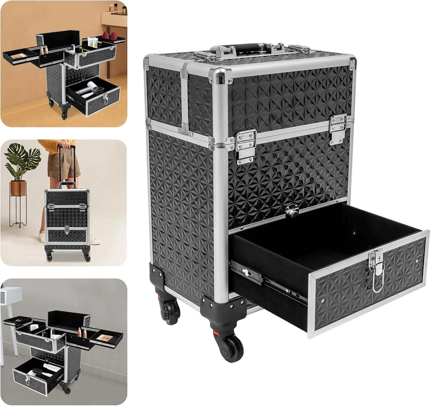 Makeup Rolling Train Case Aluminum Large Storage Cosmetic Trolley Professional Manicure Tool kit Salon Barber Case Travel Cart Trunk with lock for Studio Nail Artists (Black Silver Frame)