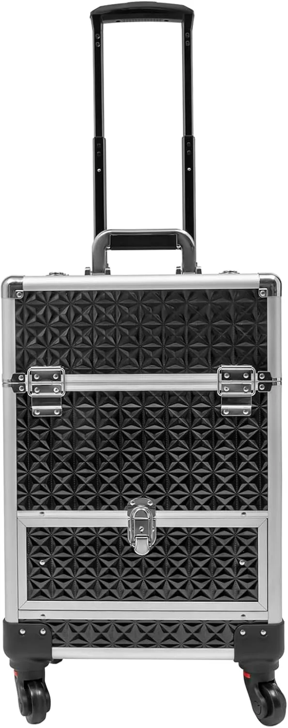 Makeup Rolling Train Case Aluminum Large Storage Cosmetic Trolley Professional Manicure Tool kit Salon Barber Case Travel Cart Trunk with lock for Studio Nail Artists (Black Silver Frame)
