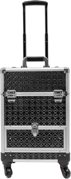 Makeup Rolling Train Case Aluminum Large Storage Cosmetic Trolley Professional Manicure Tool kit Salon Barber Case Travel Cart Trunk with lock for Studio Nail Artists (Black Silver Frame)