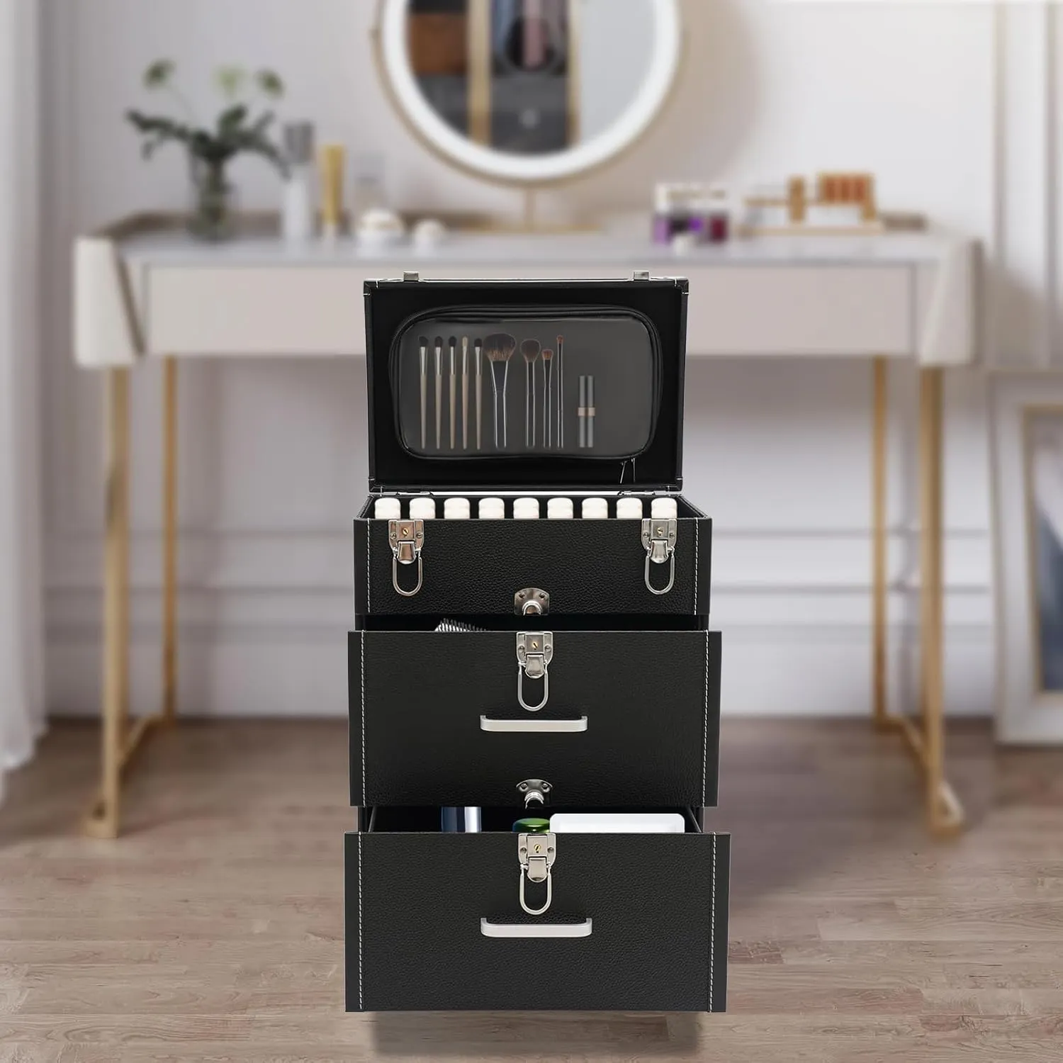 Makeup Rolling Train Case Aluminum Nail bag Organizer Cosmetic Salon Trolley Professional Manicure Tool kit Barber Case Travel Cart Trunk with lock for Studio (Right Angle Silver Latch Black)