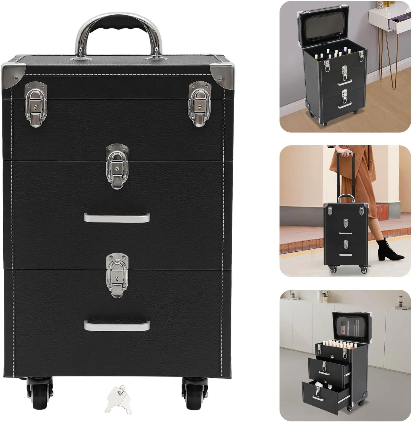 Makeup Rolling Train Case Aluminum Nail bag Organizer Cosmetic Salon Trolley Professional Manicure Tool kit Barber Case Travel Cart Trunk with lock for Studio (Right Angle Silver Latch Black)