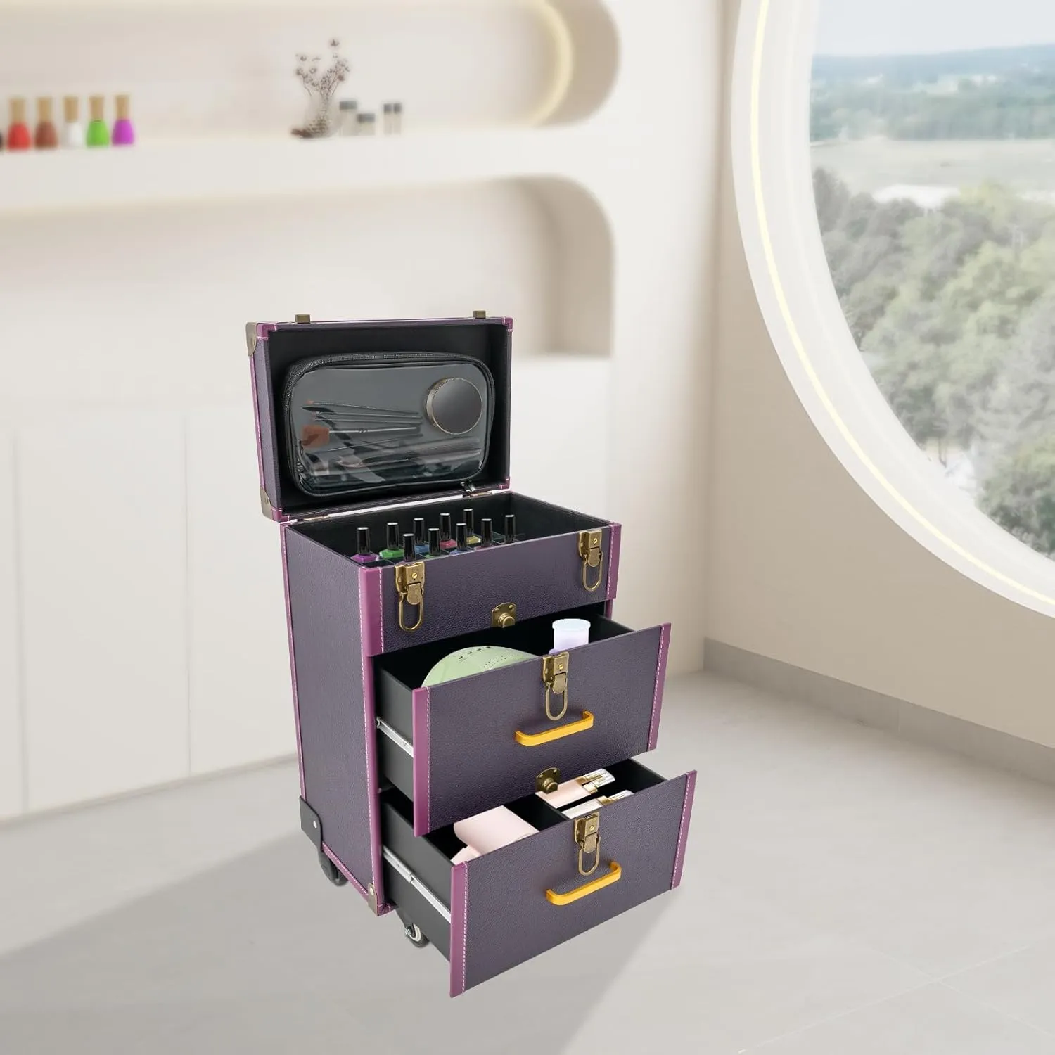 Makeup Rolling Train Case Aluminum Salon Trolley Nail bag Organizer Case Professional Manicure Tool kit Travel Cart Trunk with lock for Cosmetic Barber Studio Artists (Copper Clasp Purple)