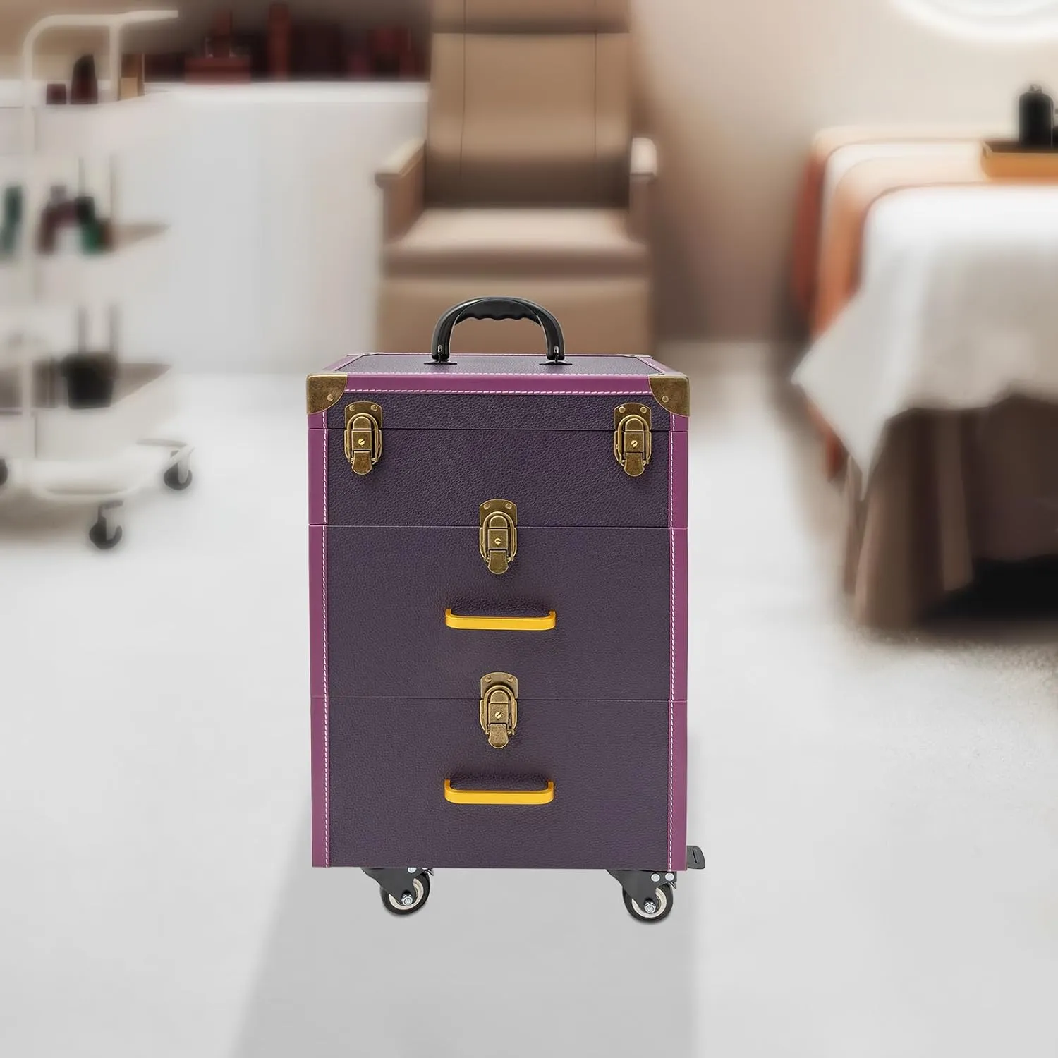 Makeup Rolling Train Case Aluminum Salon Trolley Nail bag Organizer Case Professional Manicure Tool kit Travel Cart Trunk with lock for Cosmetic Barber Studio Artists (Copper Clasp Purple)