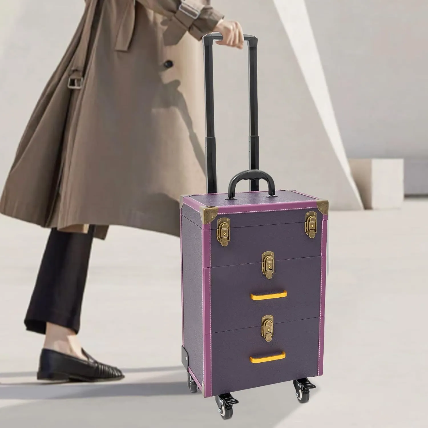 Makeup Rolling Train Case Aluminum Salon Trolley Nail bag Organizer Case Professional Manicure Tool kit Travel Cart Trunk with lock for Cosmetic Barber Studio Artists (Copper Clasp Purple)