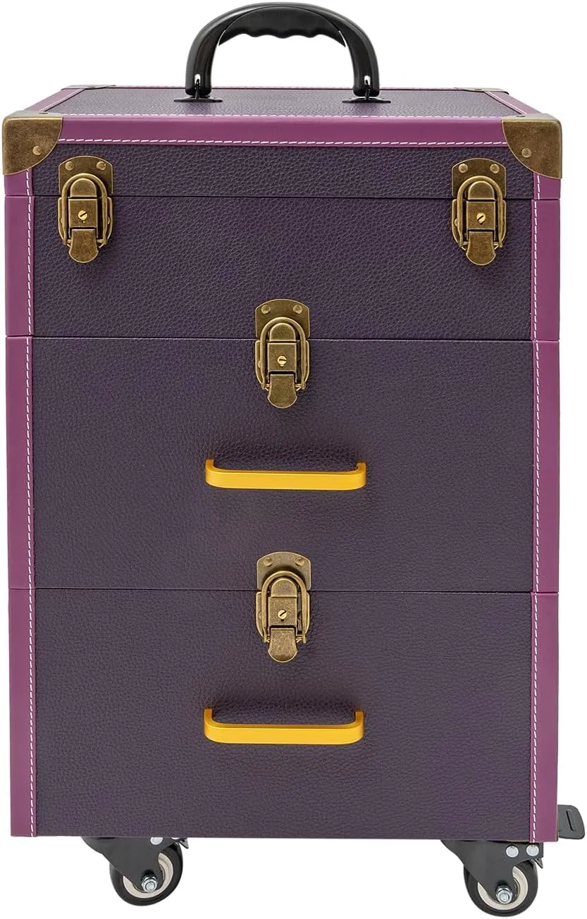 Makeup Rolling Train Case Aluminum Salon Trolley Nail bag Organizer Case Professional Manicure Tool kit Travel Cart Trunk with lock for Cosmetic Barber Studio Artists (Copper Clasp Purple)