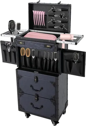 Makeup Rolling Train Case, Makeup Case Trolley Large Storage Cosmetic Trolley with Combination Locks, Hair Salon Trolley Suitcase Hair Stylist Beauty Travel (Blue)