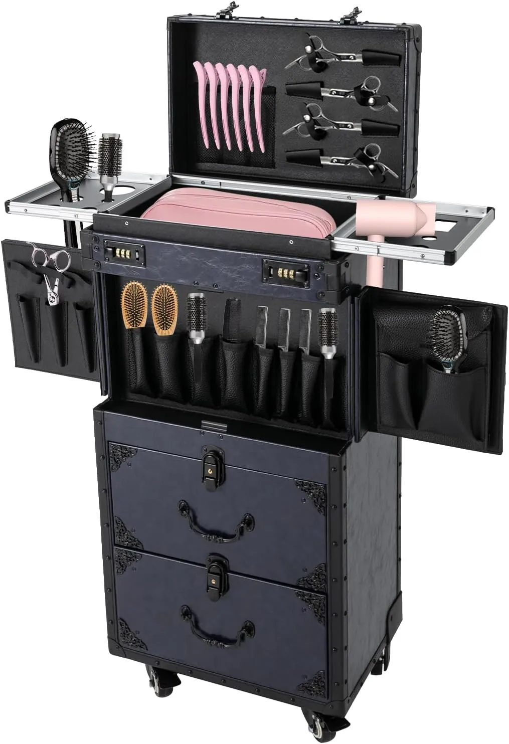 Makeup Rolling Train Case, Makeup Case Trolley Large Storage Cosmetic Trolley with Combination Locks, Hair Salon Trolley Suitcase Hair Stylist Beauty Travel (Blue)