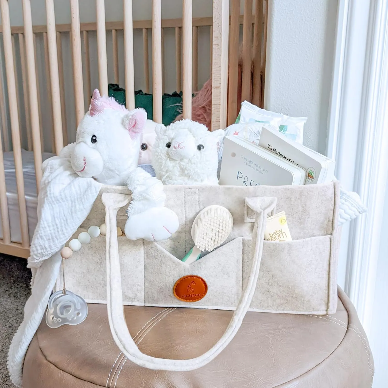 Maliton Diaper Caddy Organizer, Car Organizer with Handle, Felt Diaper Organizer for Baby Boy Girl, Changing Table Organizer for Baby Stuff, 16" x 10" x 7" Baby Organizer for Nursery (White)