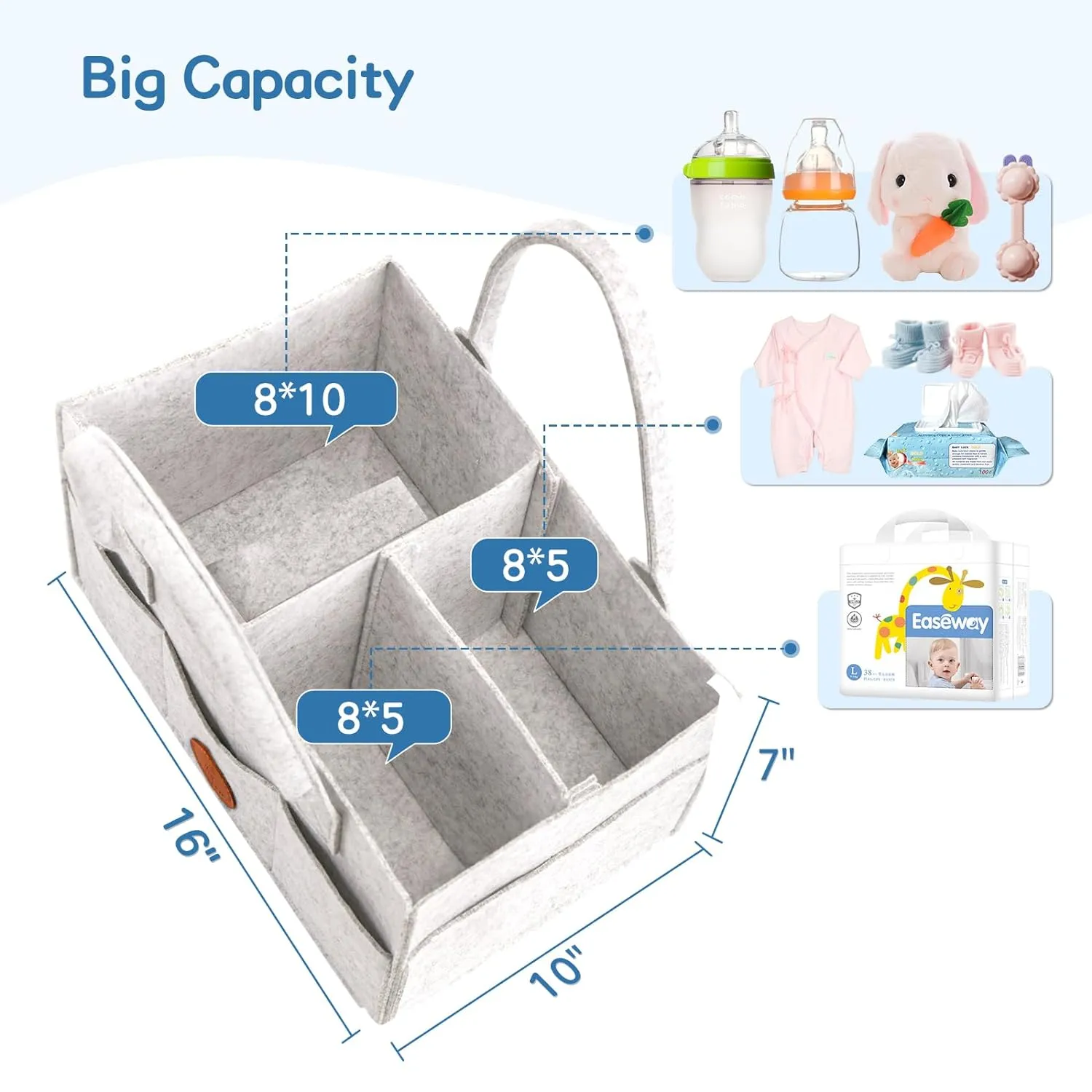 Maliton Diaper Caddy Organizer, Car Organizer with Handle, Felt Diaper Organizer for Baby Boy Girl, Changing Table Organizer for Baby Stuff, 16" x 10" x 7" Baby Organizer for Nursery (White)