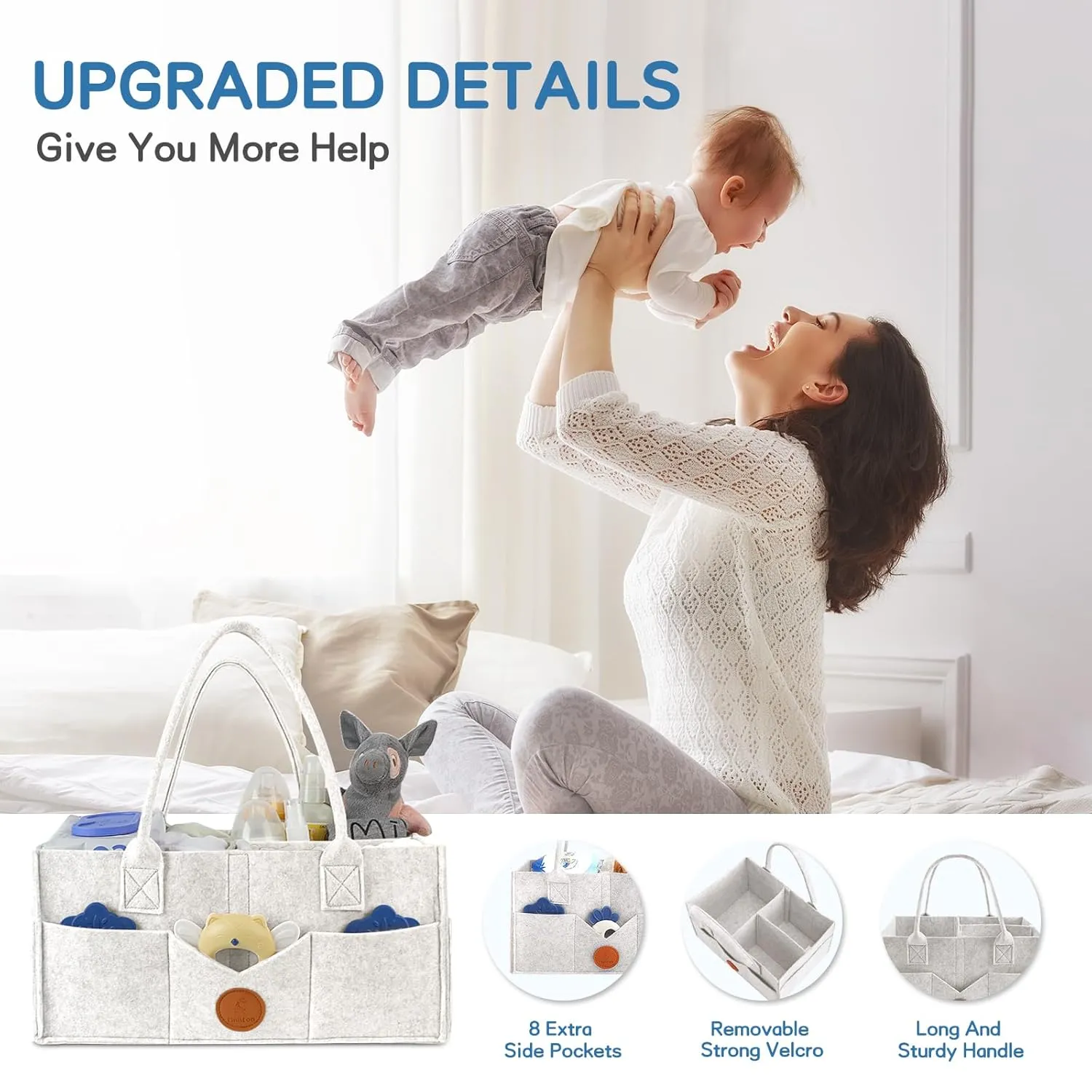 Maliton Diaper Caddy Organizer, Car Organizer with Handle, Felt Diaper Organizer for Baby Boy Girl, Changing Table Organizer for Baby Stuff, 16" x 10" x 7" Baby Organizer for Nursery (White)