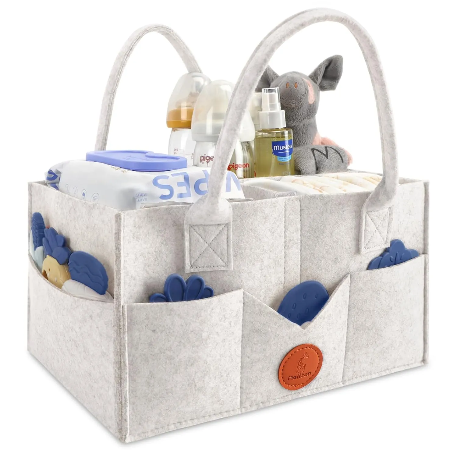 Maliton Diaper Caddy Organizer, Car Organizer with Handle, Felt Diaper Organizer for Baby Boy Girl, Changing Table Organizer for Baby Stuff, 16" x 10" x 7" Baby Organizer for Nursery (White)