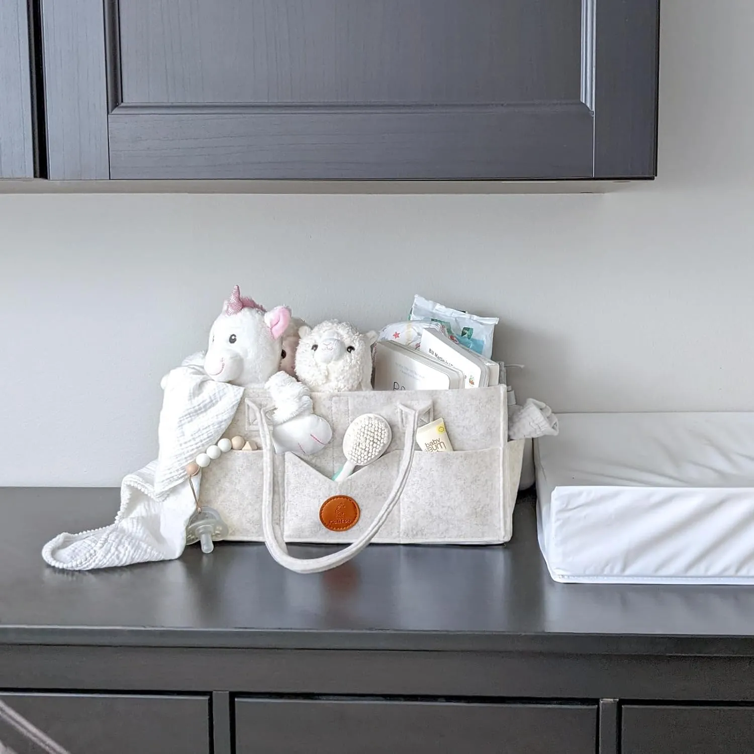Maliton Diaper Caddy Organizer, Car Organizer with Handle, Felt Diaper Organizer for Baby Boy Girl, Changing Table Organizer for Baby Stuff, 16" x 10" x 7" Baby Organizer for Nursery (White)