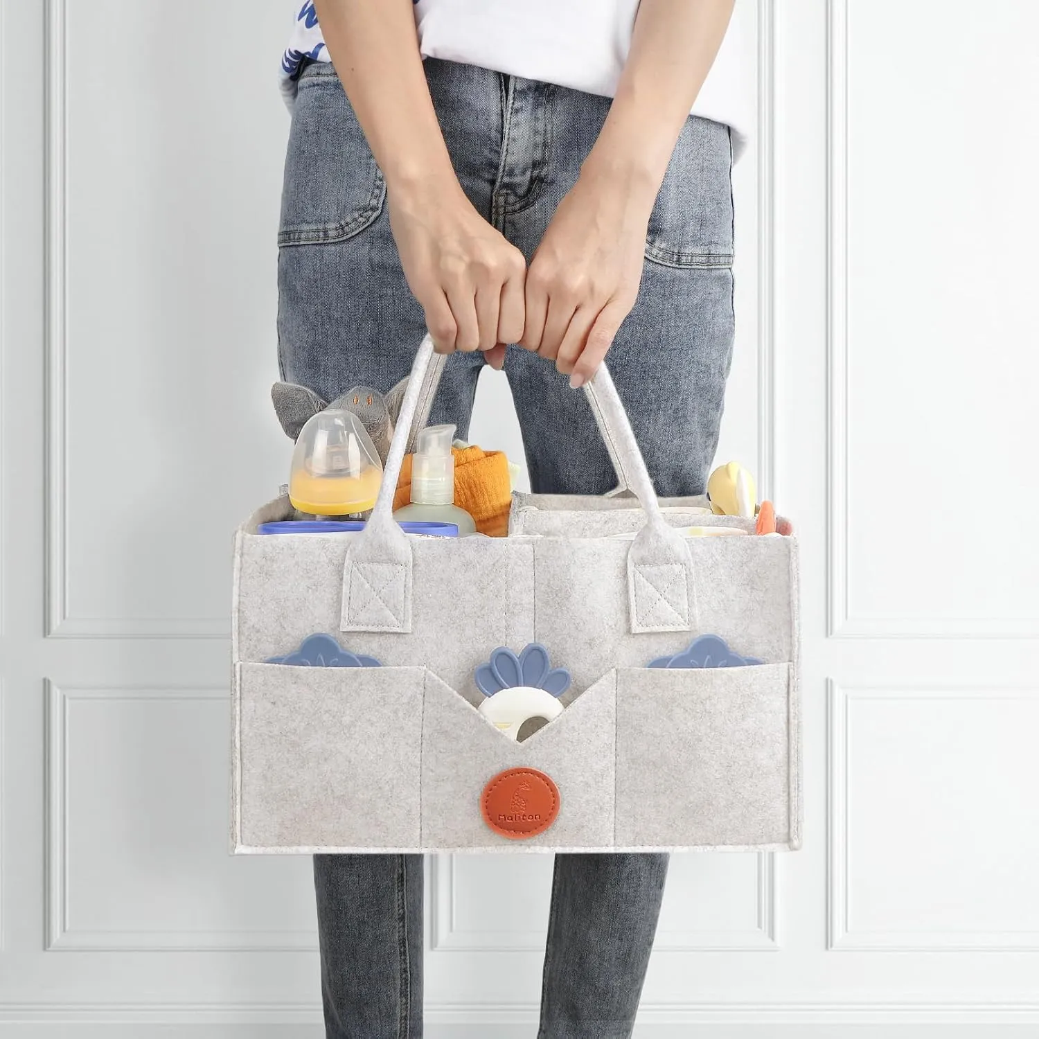 Maliton Diaper Caddy Organizer, Car Organizer with Handle, Felt Diaper Organizer for Baby Boy Girl, Changing Table Organizer for Baby Stuff, 16" x 10" x 7" Baby Organizer for Nursery (White)