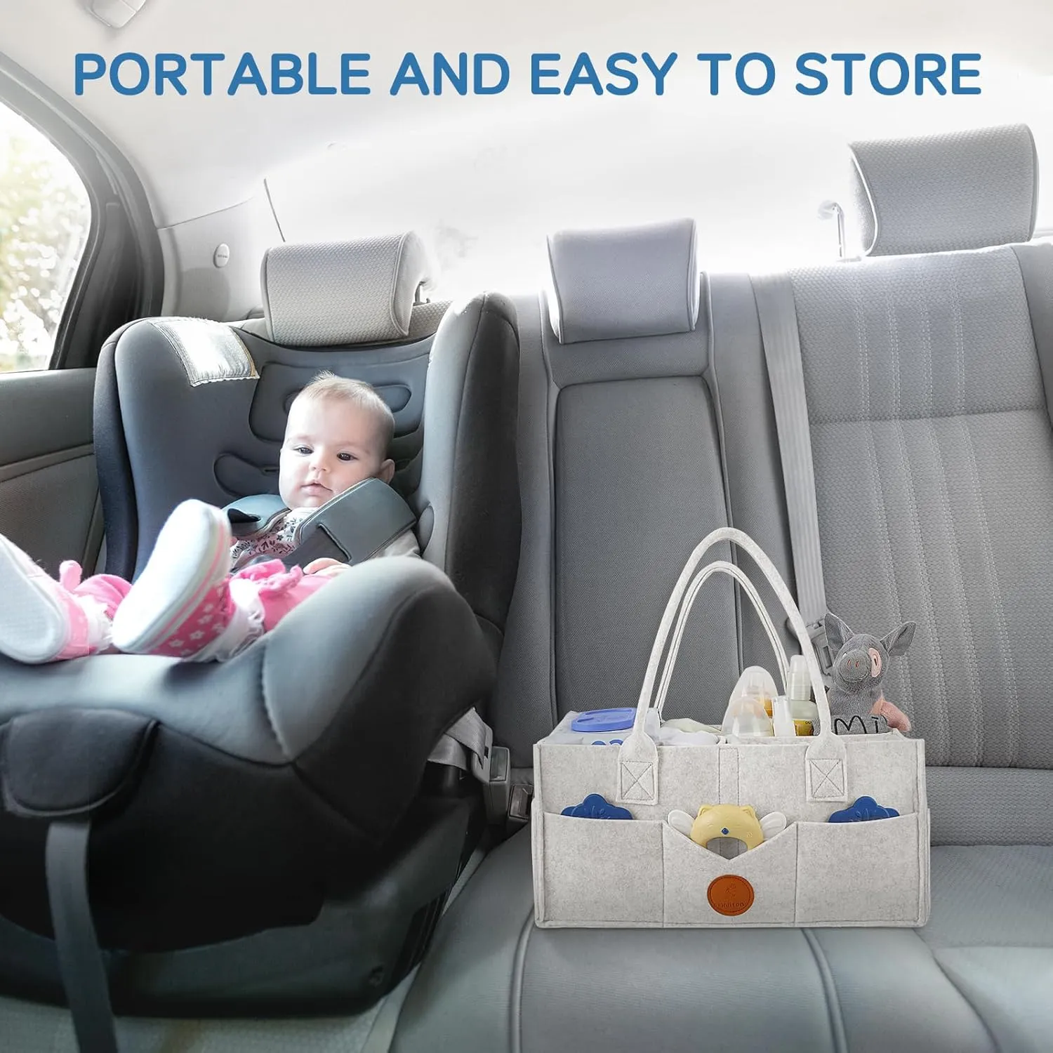 Maliton Diaper Caddy Organizer, Car Organizer with Handle, Felt Diaper Organizer for Baby Boy Girl, Changing Table Organizer for Baby Stuff, 16" x 10" x 7" Baby Organizer for Nursery (White)