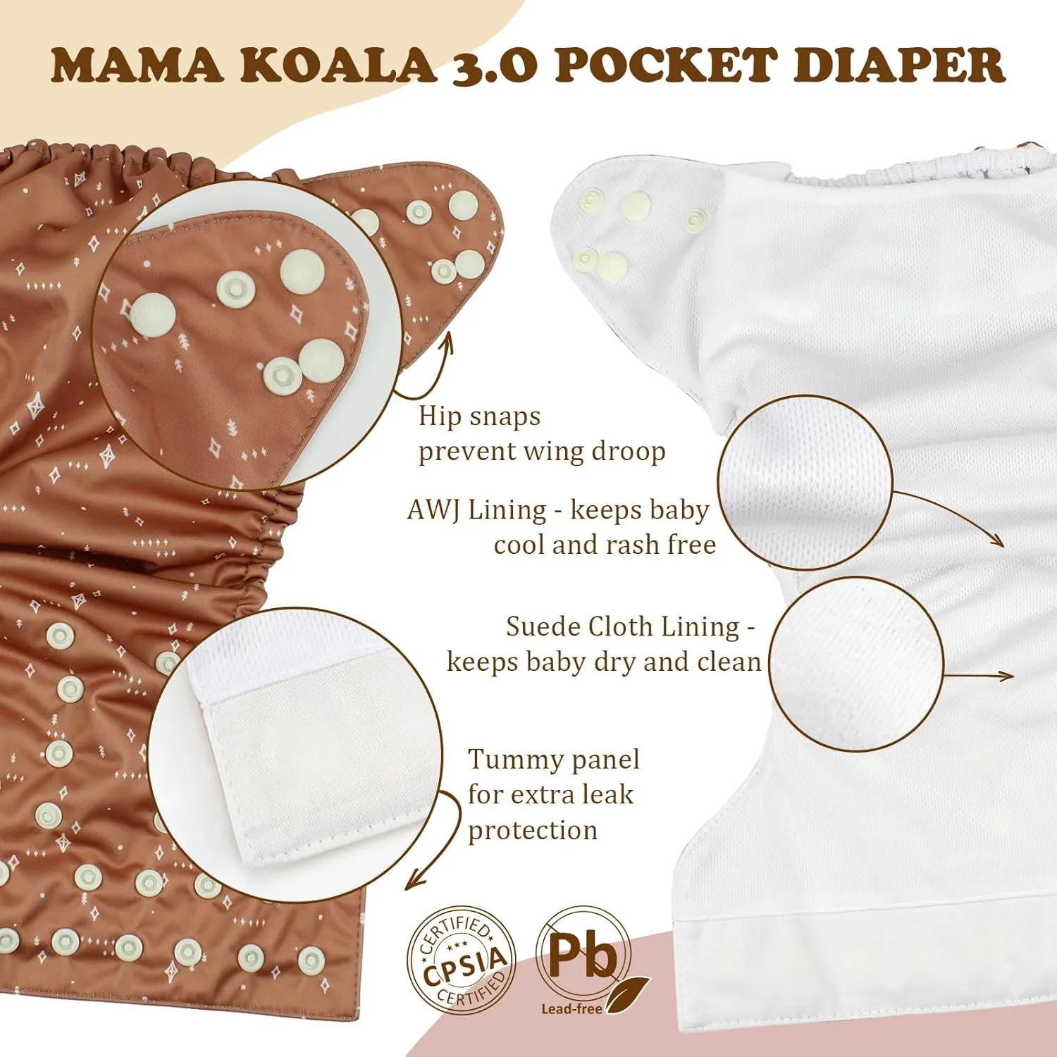 Mama Koala 3.0 Pocket Cloth Diapers for Babies with AWJ Lining, 6 Pack with 6 4-Layer Natural Cloth Diaper Inserts - Reusable and Washable Pocket Diapers (Hope in The Desert)