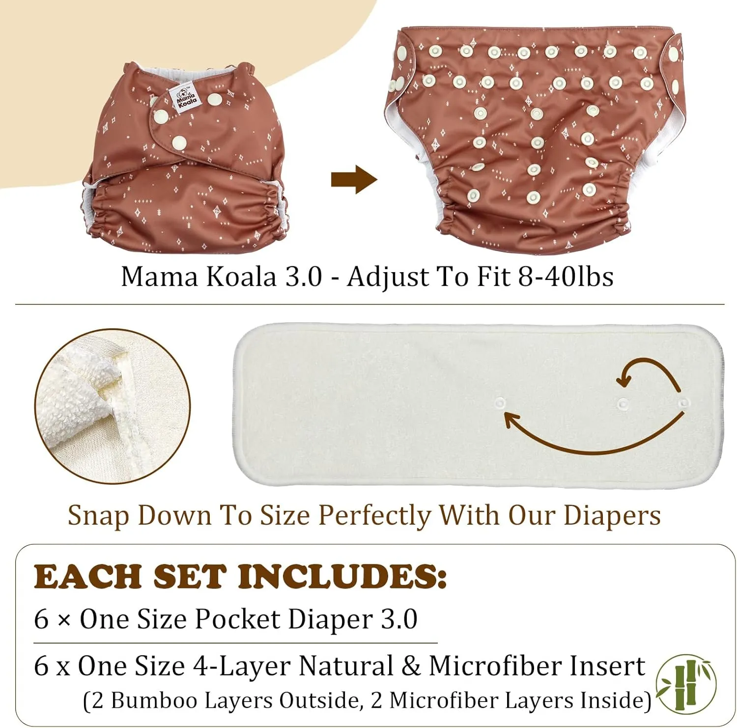 Mama Koala 3.0 Pocket Cloth Diapers for Babies with AWJ Lining, 6 Pack with 6 4-Layer Natural Cloth Diaper Inserts - Reusable and Washable Pocket Diapers (Hope in The Desert)