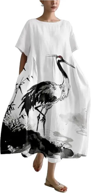 MARSVOVO Summer Dresses for Women 2024 Boho Plus Size Short Sleeve Loose Crew Neck Casual Beach Maxi Dresse for Women