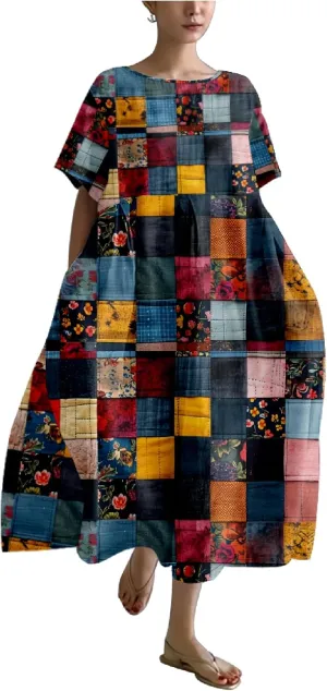 MARSVOVO Summer Dresses Multicolour Boho Floral Grid Colorblock Print Plus Size Casual Short Sleeve Dresses for Women