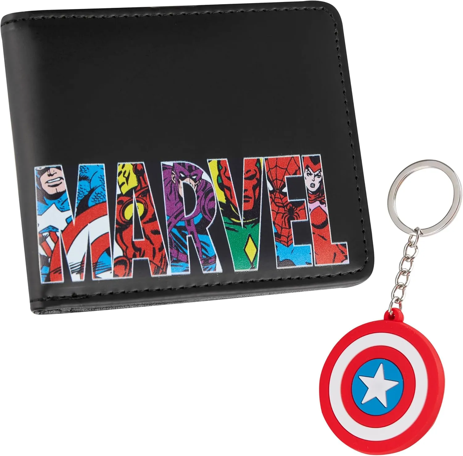 Marvel Card Wallet and Keyring Set for Men Teenagers - Card Slots ID Pocket Groot Mens Wallet - Gifts for Men (Black Captain America)