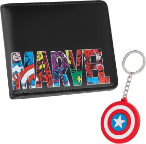 Marvel Card Wallet and Keyring Set for Men Teenagers - Card Slots ID Pocket Groot Mens Wallet - Gifts for Men (Black Captain America)