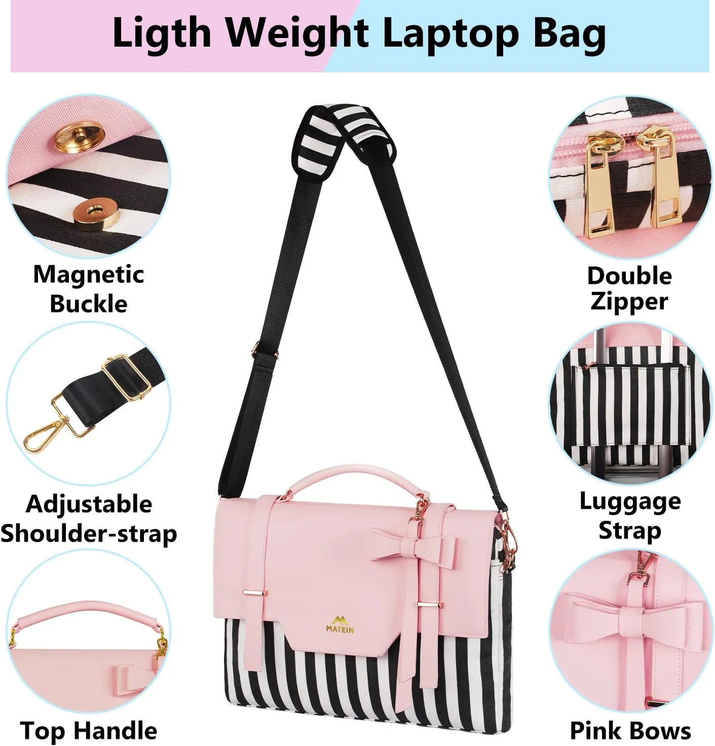MATEIN Laptop Bag for Women, 17 inch Cute Computer Briefcase Laptop Carrying Case, Lightweight Messenger Sleeves Shoulder Work Tote Bag with Bow & RFID Pocket Gifts for College Office Business, Pink