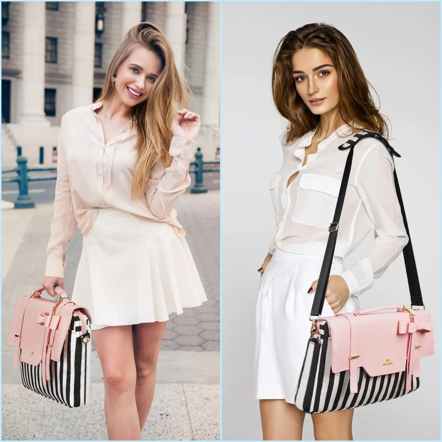 MATEIN Laptop Bag for Women, 17 inch Cute Computer Briefcase Laptop Carrying Case, Lightweight Messenger Sleeves Shoulder Work Tote Bag with Bow & RFID Pocket Gifts for College Office Business, Pink