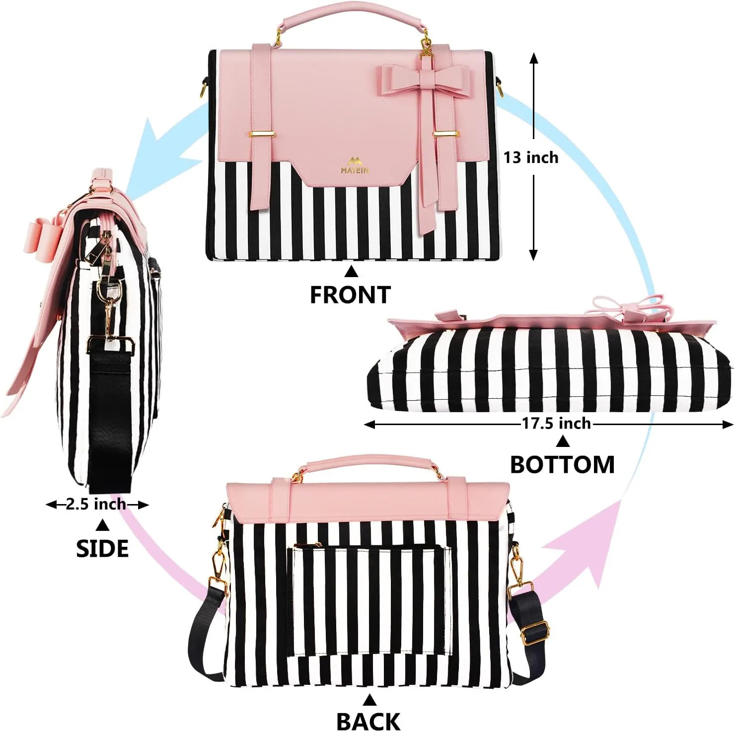 MATEIN Laptop Bag for Women, 17 inch Cute Computer Briefcase Laptop Carrying Case, Lightweight Messenger Sleeves Shoulder Work Tote Bag with Bow & RFID Pocket Gifts for College Office Business, Pink