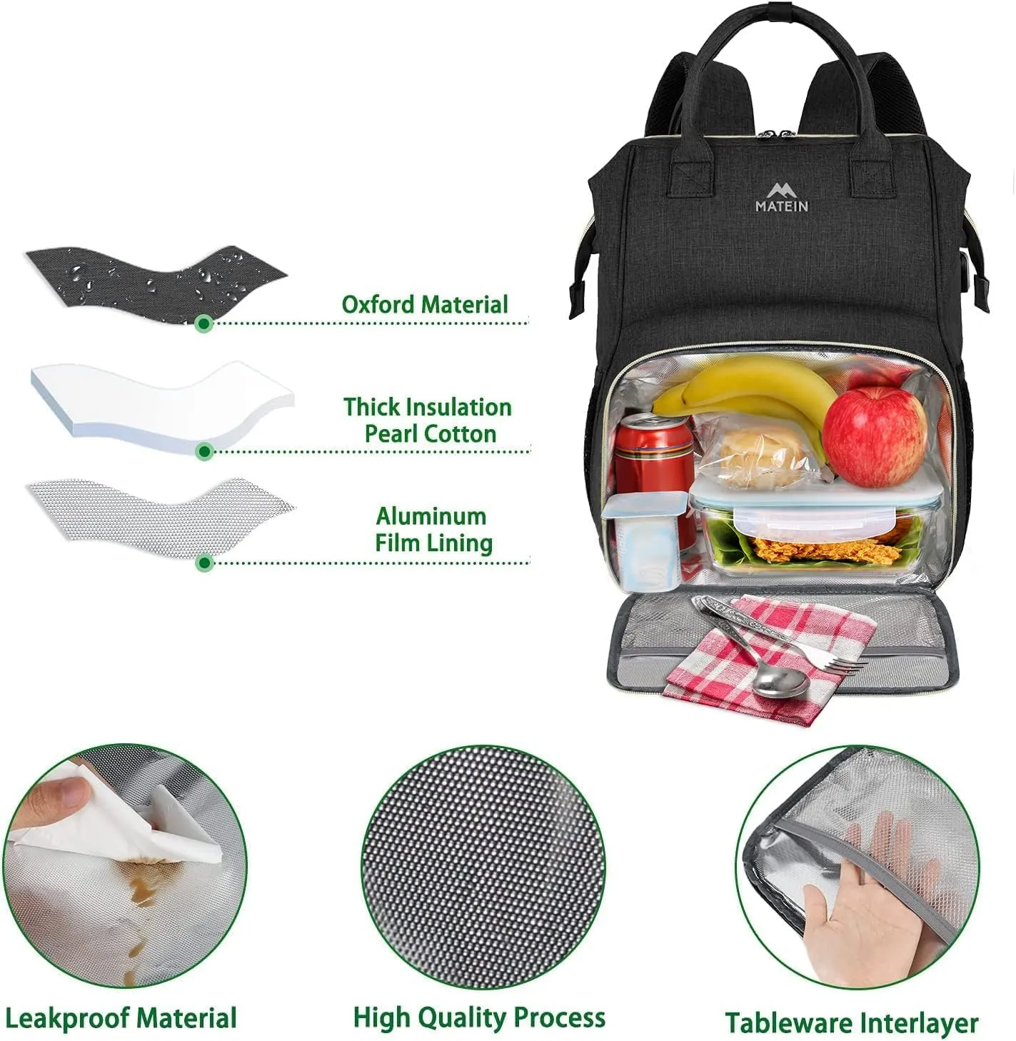 MATEIN Lunch Backpack for Men Women, 17 Inch Large Insulated Cooler Backpack with USB Charging Port, Water Resistant Lunch Box Back Pack Travel Laptop for Men Teacher Work Picnic College Nurse, Black